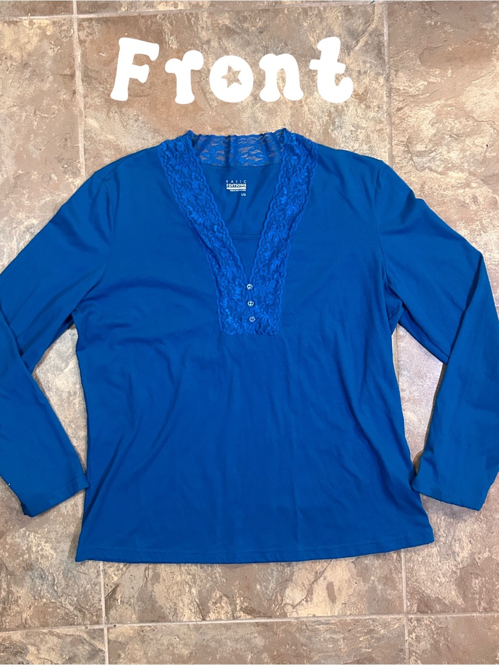 Basic Editions Royal Blue Lace-Trim Long Sleeve V-Neck Top